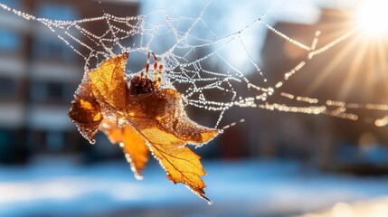 Fototapete - A close-up shot shows a spider web with water droplets and a vibrant autumn leaf illuminated by sunlight against a blurred backdrop