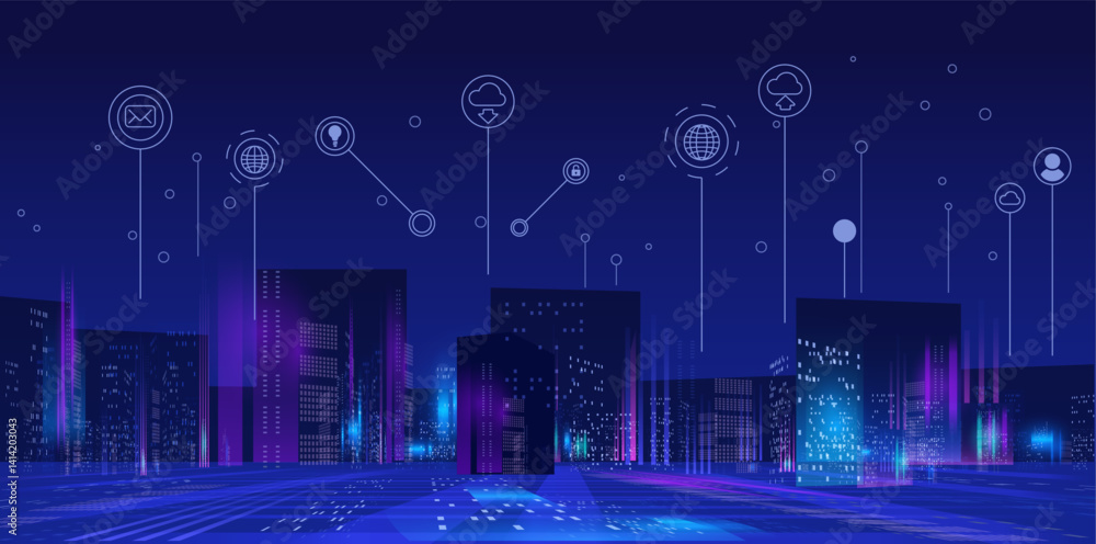 Futuristic smart digital city vector background, urban architecture ...