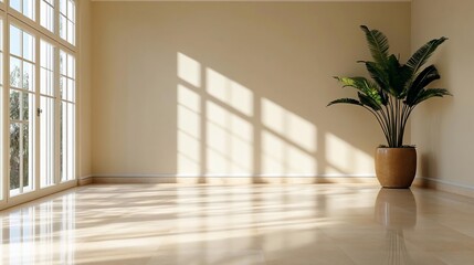 Poster - Empty bright interior with large windows casting shadows on beige walls and reflective flooring and a potted plant enhancing the ambiance