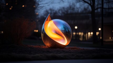 Fototapete - Artistic illuminated outdoor sculpture with vibrant orange and blue internal light reflecting in metallic sphere in a park setting. Surrounded by dark gravel and blurred trees