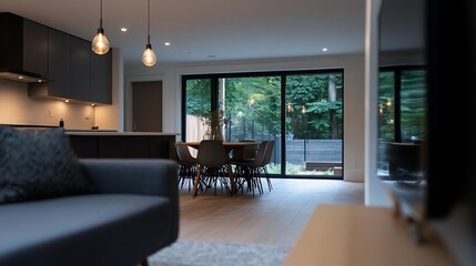 Poster - Modern interior design with an open floor plan featuring a kitchen dining area and living room.  The design incorporates wood flooring and natural light