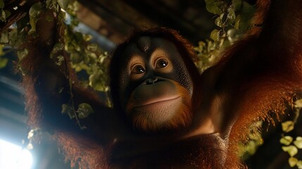Poster - Close-up portrait of an ape with brown fur hanging on a tree branch with lush green leaves. Warm lighting creates a serene atmosphere