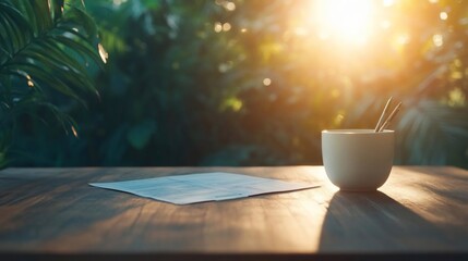 Poster - A sunlit scene features a ceramic cup with straws on a wooden table next to a piece of paper against a backdrop of lush green foliage