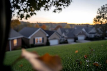 Poster - Residential neighborhood at sunset with blurred foreground of grass and fallen leaves. Houses and trees with warm lighting create a serene atmosphere