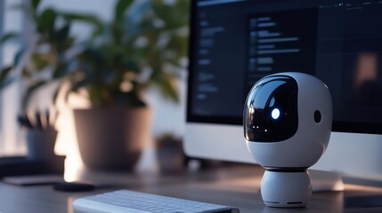 Leinwandbilder - A small white robot stands on a wooden desk near a computer and keyboard. The background includes plants and a soft lighting. The robot has glowing eyes and reflective surfaces. Focus is on the