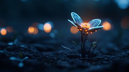 Fototapete - Digital representation of a robotic flower with glowing details set against a blurred bokeh background and dark foreground