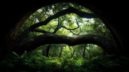 Leinwandbilder - A lush green forest interior framed by natural archways of tree branches and foliage creating a tranquil atmosphere with bright sunlight