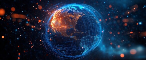 Wall Mural - futuristic digital earth made of glowing blue and orange data connections, surrounded by blurred lig