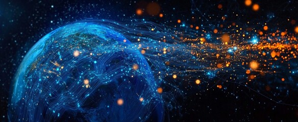 Wall Mural - futuristic digital earth made of glowing blue and orange data connections, surrounded by blurred lig
