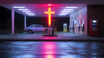 Aufkleber - A night scene at a gas station with neon cross and car. The rain-soaked ground reflects the bright lights and creates a vibrant atmosphere. The architecture suggests a vintage setting
