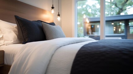 Poster - Cozy bedroom interior with a bed featuring fluffy pillows and a contrasting dark blanket. Warm lighting enhances the inviting atmosphere near a window overlooking greenery