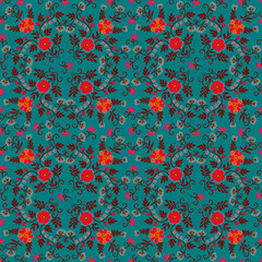 Wall Mural - Lace seamless floral ornament of red and orange flowers, buds, stems, leaves and berries in folk style on emerald background in vector. Beautiful print for fabric.