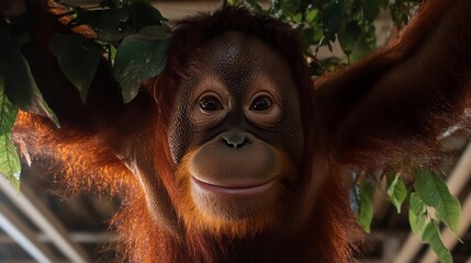 Poster - Close up portrait of orangutan with brown fur and smiling face hanging on a tree looking towards the camera with green leaves and wooden structure background