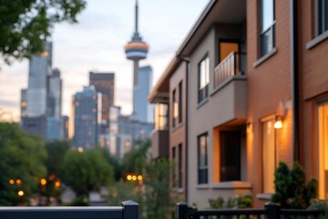 Poster - Residential buildings and a landmark tower against a city skyline at dusk showcasing architecture and urban living with soft lighting and blurred details