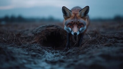 Aufkleber - A red fox with attentive gaze stands in a field of dark soil and sparse grass under a dusky blue sky