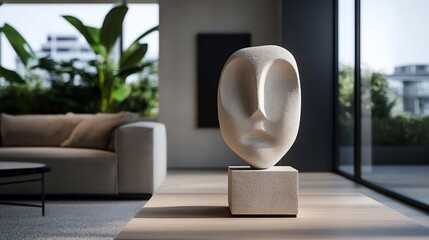 Leinwandbilder - Architectural interior with stone sculpture on pedestal in a modern living room setting with green plants and large windows offering natural light