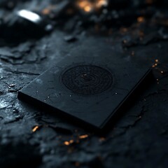 Leinwandbilder - Close-up shot of a dark, textured surface with a square, engraved object at the center. The object features intricate circular patterns and subtle glowing accents, set against a backdrop of similar