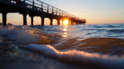 Leinwandbilder - Coastal sunset view with a pier and ocean waves. Golden sunlight reflecting on water with foamy details. Peaceful ambiance in a natural setting. Warm tones of light