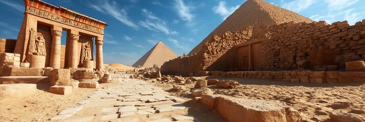 Poster - Panoramic view of ancient structures and historical structures against a clear blue sky landscape featuring sandy desert terrain. Ancient architecture and a sense of history