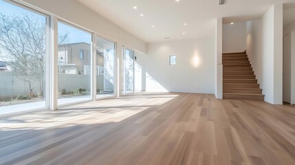 Poster - Modern interior with natural light wooden flooring and staircase near large windows overlooking outdoor greenery minimalist architectural design
