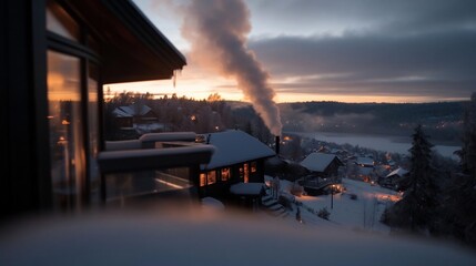 Aufkleber - Winter landscape view featuring snow-covered rooftops and forest silhouettes under a soft twilight sky. Smoke rises from a chimney with warm interior lights enhancing the cozy ambiance