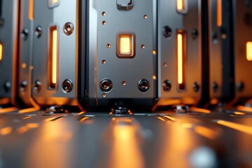 Aufkleber - Close-up of futuristic metallic structure with glowing orange lights intricate details and a shallow depth of field