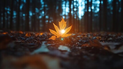 Leinwandbilder - Close up shot of a glowing leaf in autumn forest with blurred background and warm orange color