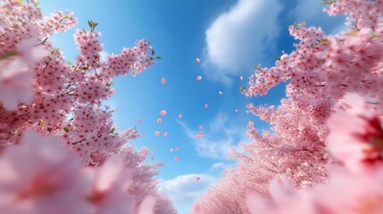 Poster - Lush blooming generic tree trees with pink petals against a bright blue sky and scattered petals in the air. A springtime nature scene
