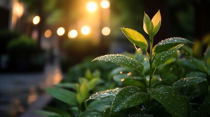 Aufkleber - Close up shot of green leaves with water droplets lit by golden sunlight with bokeh lights in background