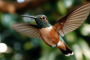 Poster - A vibrant bird in mid-flight showcasing detailed plumage with spread wings against a blurred green background capturing motion and natural beauty