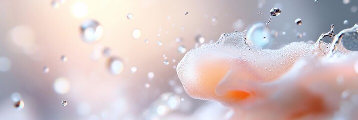 Poster - Abstract macro close-up of water bubbles and foam floating in soft pastel colors emphasizing cleanliness and freshness with bright bokeh lighting. Dynamic liquid movement