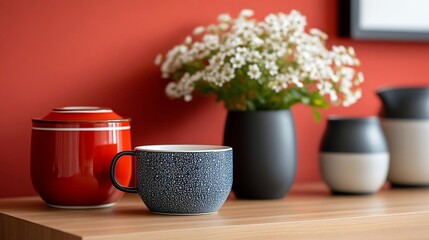 Poster - Still life composition featuring a mug vase and ceramic containers on wooden surface against a red wall. The scene includes a dark blue speckled mug a black vase with flowers and other decor elements