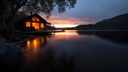 Aufkleber - A cozy structure illuminated by warm light sits on a lakefront at dusk reflecting the vibrant sunset hues. The tranquil scene includes a wooden dock and surrounding trees