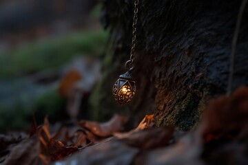 Aufkleber - Close-up of a pendant illuminating in a forest setting surrounded by fallen leaves and mossy tree bark. Warm, golden light creates a magical and ethereal atmosphere