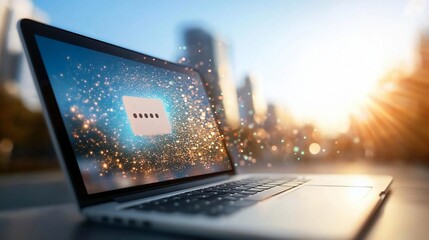 Aufkleber - Laptop displaying message against city backdrop under bright sunlight with lens flares and bokeh. The device on a reflective surface symbolizes modern communication and technology