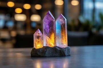 Poster - Close-up shot of a vibrant crystal cluster illuminated with colorful internal lighting on a dark surface in a dim room