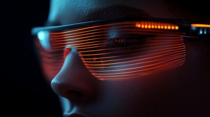 Poster - Close-up of a person's face with futuristic eyewear showcasing a grid-like orange light display against a dark background emphasizing technology and futuristic elements