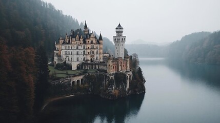 Aufkleber - Aerial view of a historic castle situated on a cliff overlooking serene lake surrounded by forest in a cloudy day with faded colours