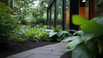 Aufkleber - Lush green garden with a path leading to a modern building featuring large windows. Plants and foliage create a natural frame with soft lighting