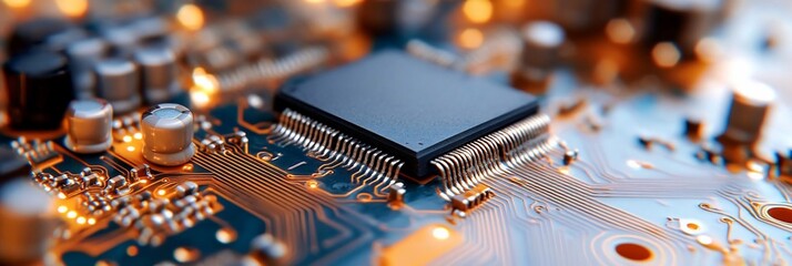 Aufkleber - Close-up of electronic circuit board featuring a central processor unit. The image emphasizes the intricate pathways and components of a digital motherboard illuminated with warm lighting. Focus on
