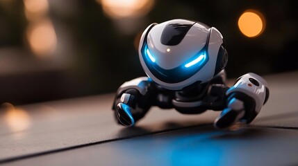 Poster - Futuristic automaton with glowing blue eyes on a blurred background. It is small and compact in design. The automaton has white and black colors with an advanced and futuristic design