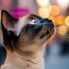 Poster - Close-up portrait of a cat gazing upwards showcasing expressive eyes and detailed fur texture against a blurred background with bokeh lights