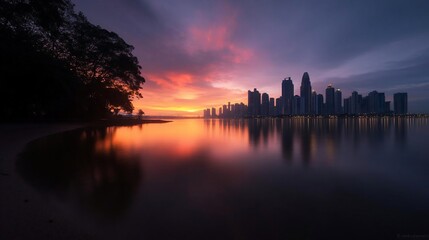 Poster - Panoramic cityscape at dusk reflecting in calm water with fiery sunset sky and silhouetted trees