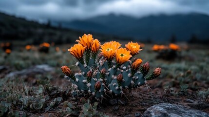 Leinwandbilder - A close-up captures a blooming cactus with vibrant orange flowers against a blurred mountain backdrop and overcast sky emphasizing textures and colors