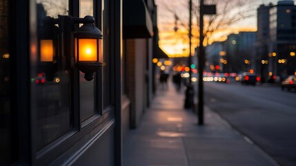 Aufkleber - Evening cityscape scene with warm street lamp illuminating a sidewalk reflecting golden light. People and vehicles blurred creating a soft, atmospheric feel