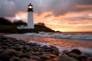 Leinwandbilder - Coastal lighthouse at dusk against a fiery sunset sky water washing the rocky shore a beacon of light amid moody atmosphere