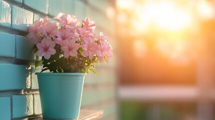 Leinwandbilder - A vibrant display of pink flowers blooms in a turquoise pot set against a turquoise brick wall bathed in golden sunlight. The background is blurred creating a soft focus
