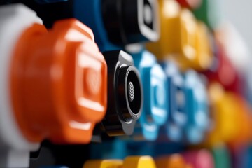 Poster - Close-up of a row of colorful plastic connectors with varying colors and shallow depth of field showcasing details