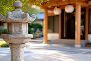 Poster - Stone lantern in a Japanese garden with traditional architecture and blurred background and soft lighting creates a tranquil and serene atmosphere