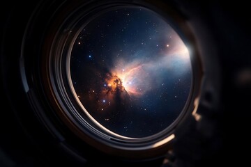 Fototapete - View from a circular portal looking into a vibrant nebula filled with stars and glowing gases in space. The portal's interior is dark with highlights of light